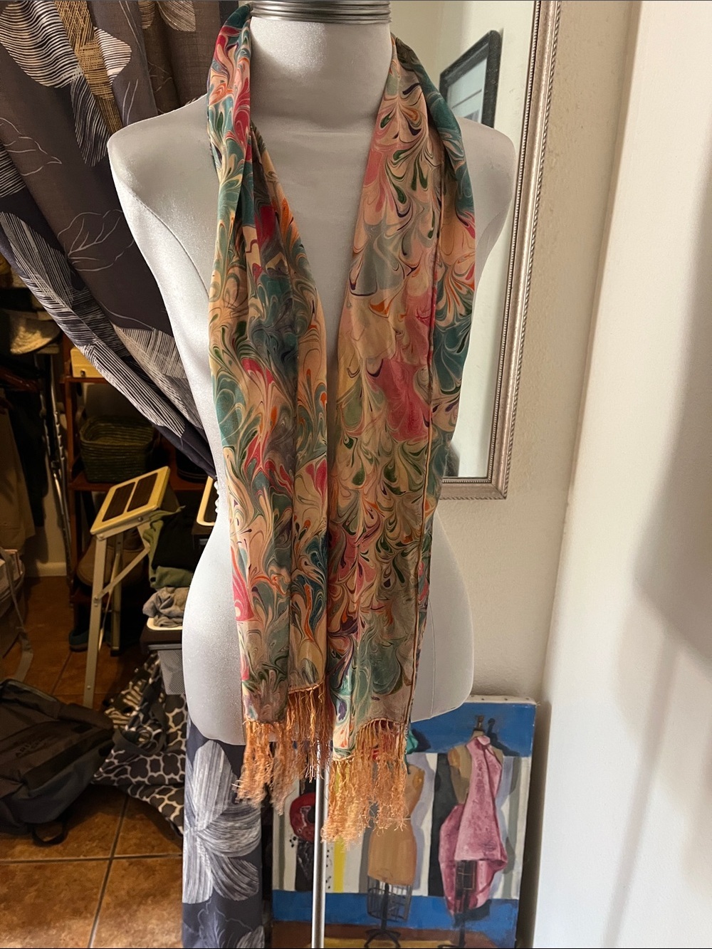 Multicolor Marble Print Silk  Scarf with Fringe